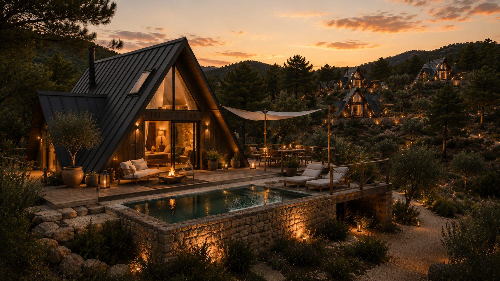 Signature eco lodge exterior — luxury rural retreat for sale, Alicante