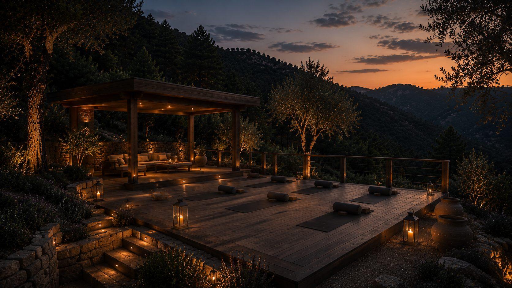 A-frame eco lodges at dusk — wellness retreat investment, Alicante, Spain