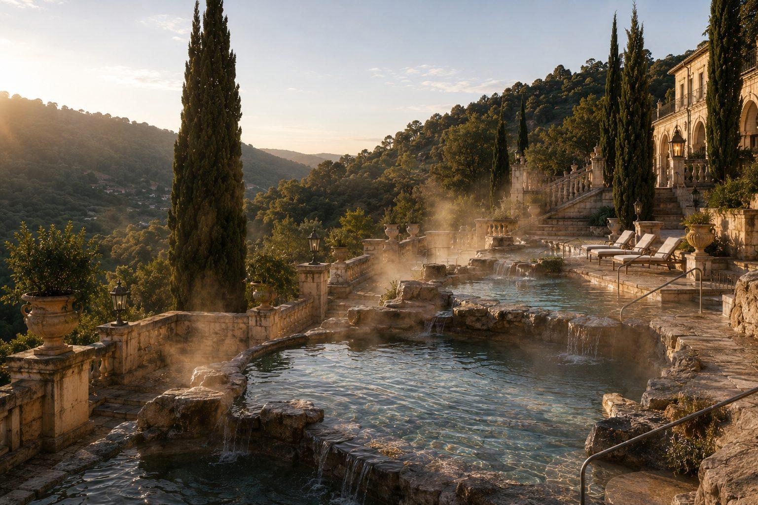 Thermal terraces at heritage spa hotel — Alicante, Spain