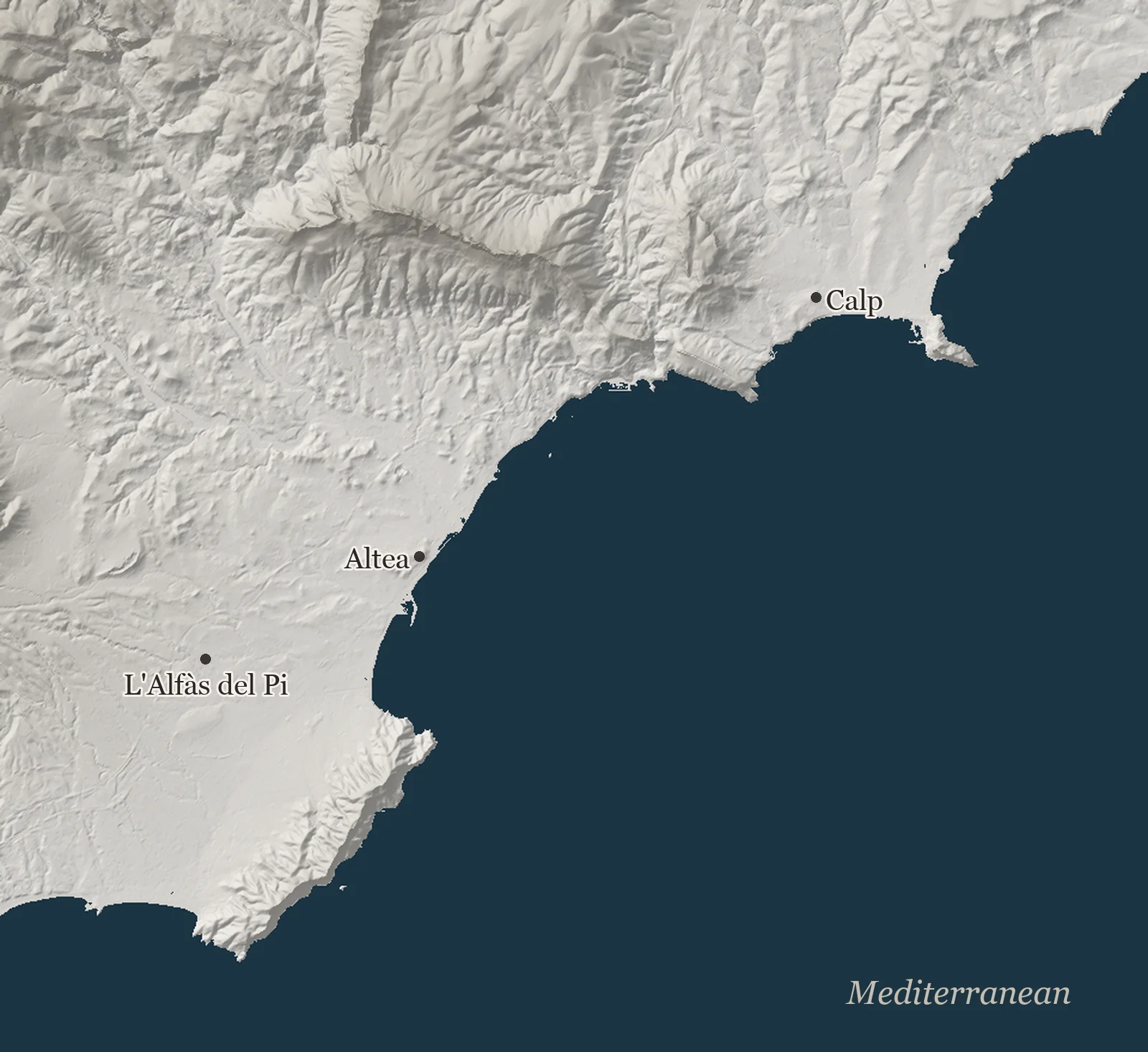 Mapa reliefu wybrzeża od Altei do Calp, z zaznaczonym Mascarat
