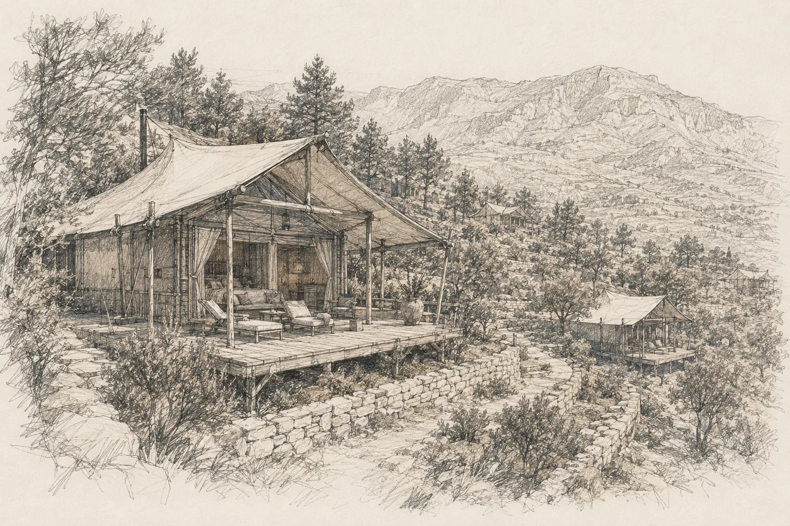 Första skiss · en lodge på terrassen