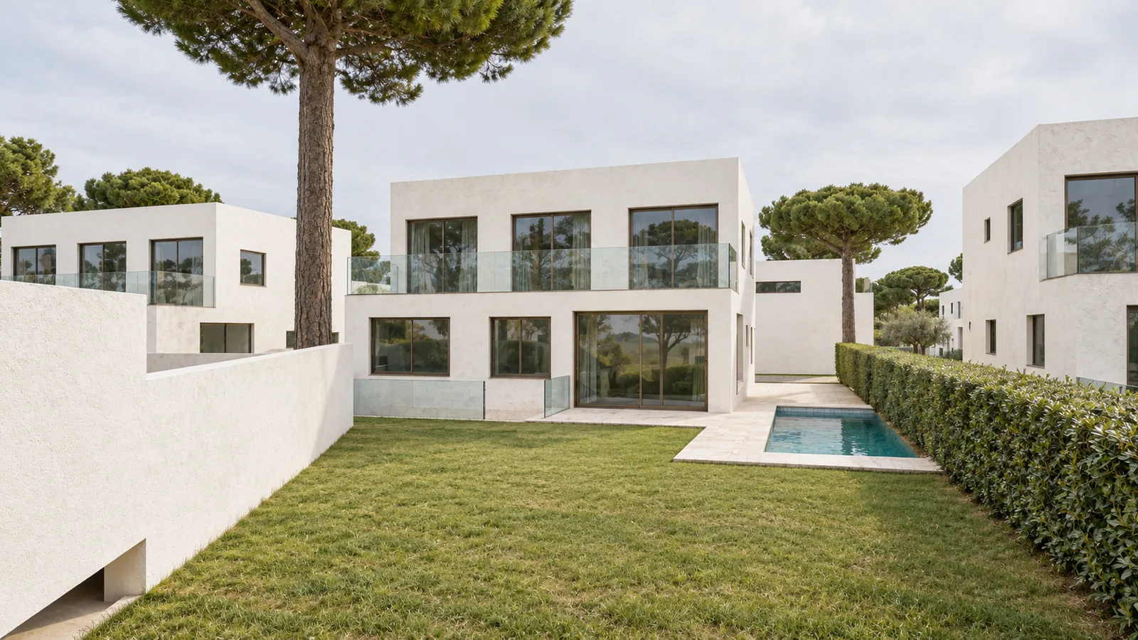 Concept illustration: a white two-storey garden villa with its lawn and private pool among stone pines, Cala de Bou, Ibiza