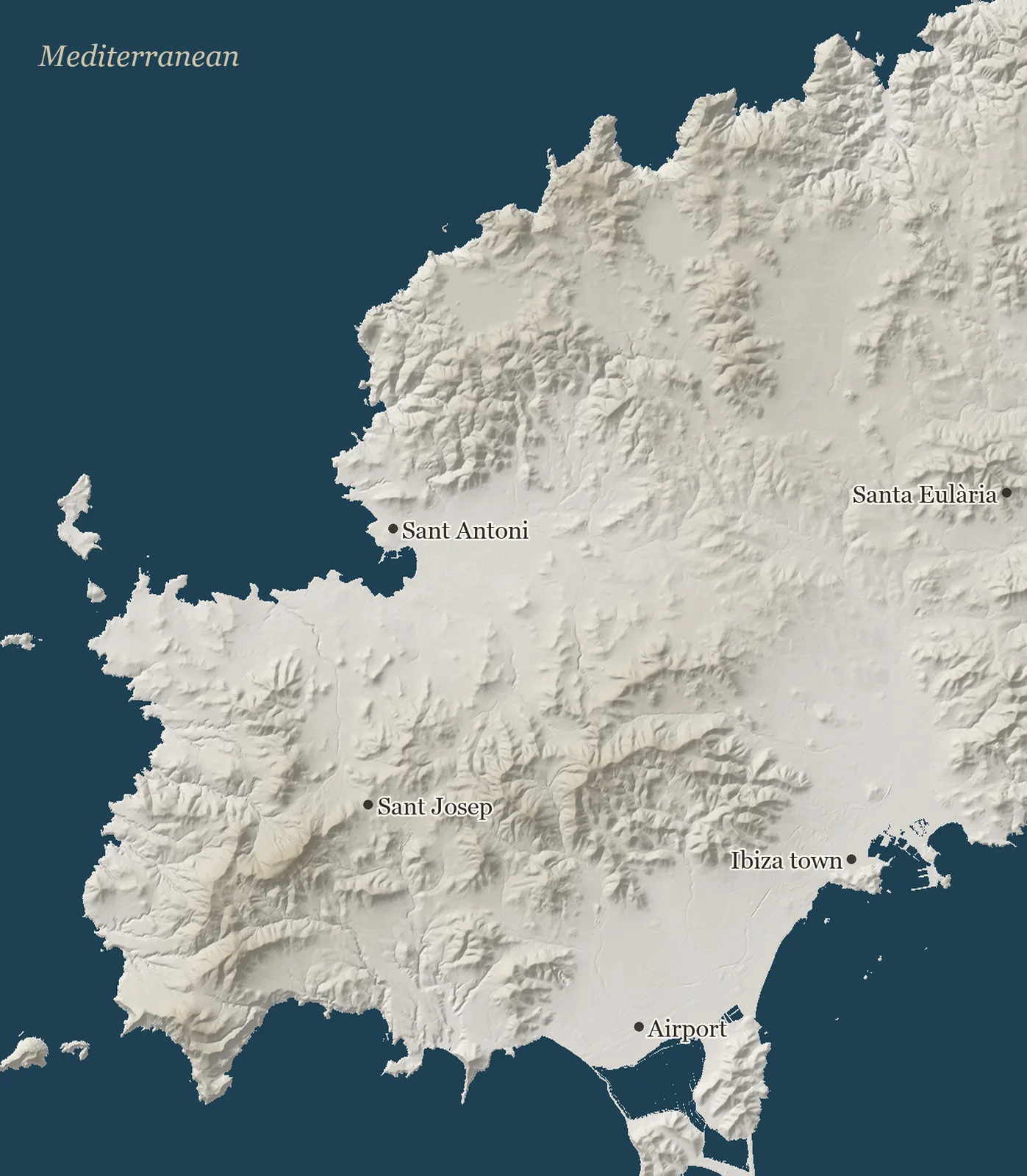 Relief map of western Ibiza with Sant Antoni, Sant Josep, Ibiza town and the airport, Cala de Bou marked