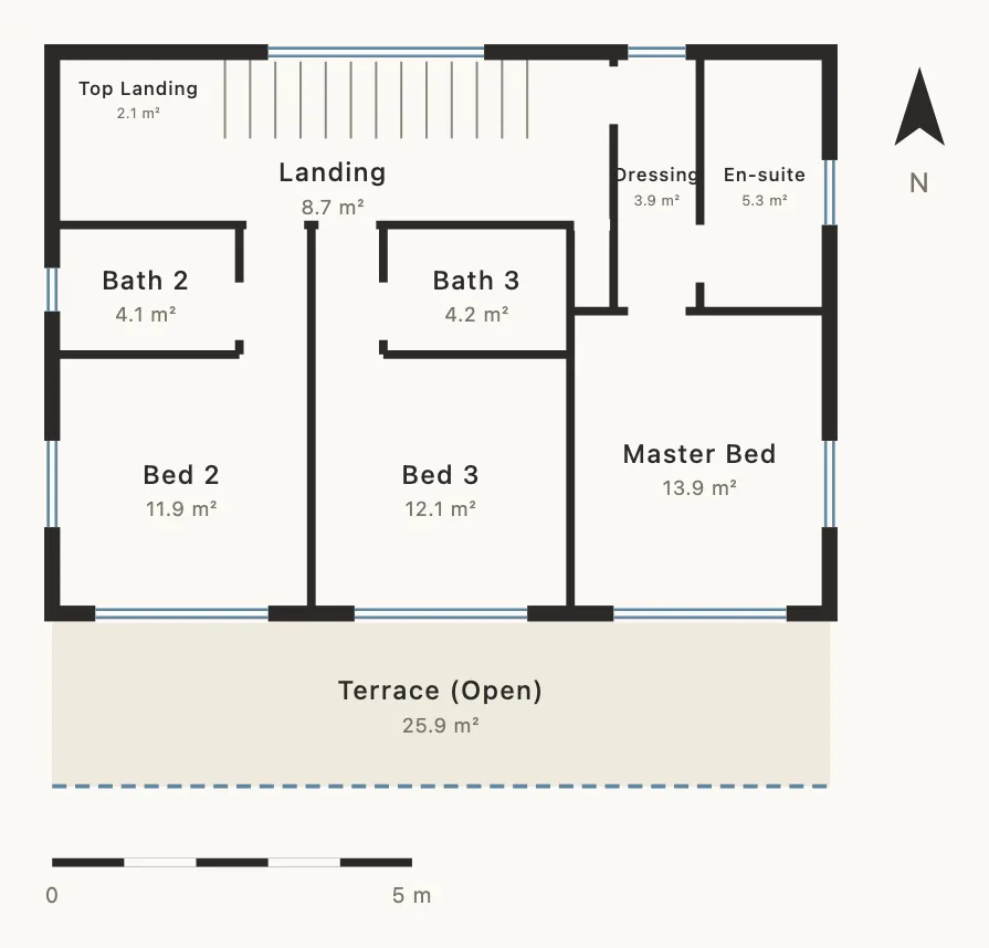 First drawing · the upper floor of a garden villa