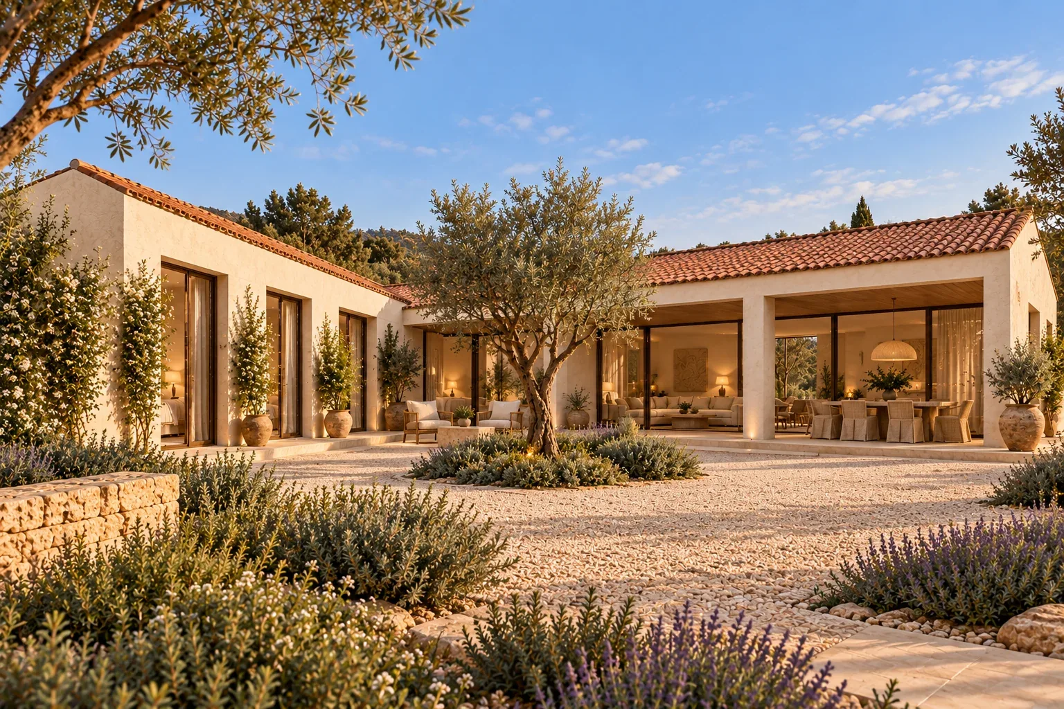 Concept illustration: a single-storey stone and lime house around an olive courtyard, terraced vines below
