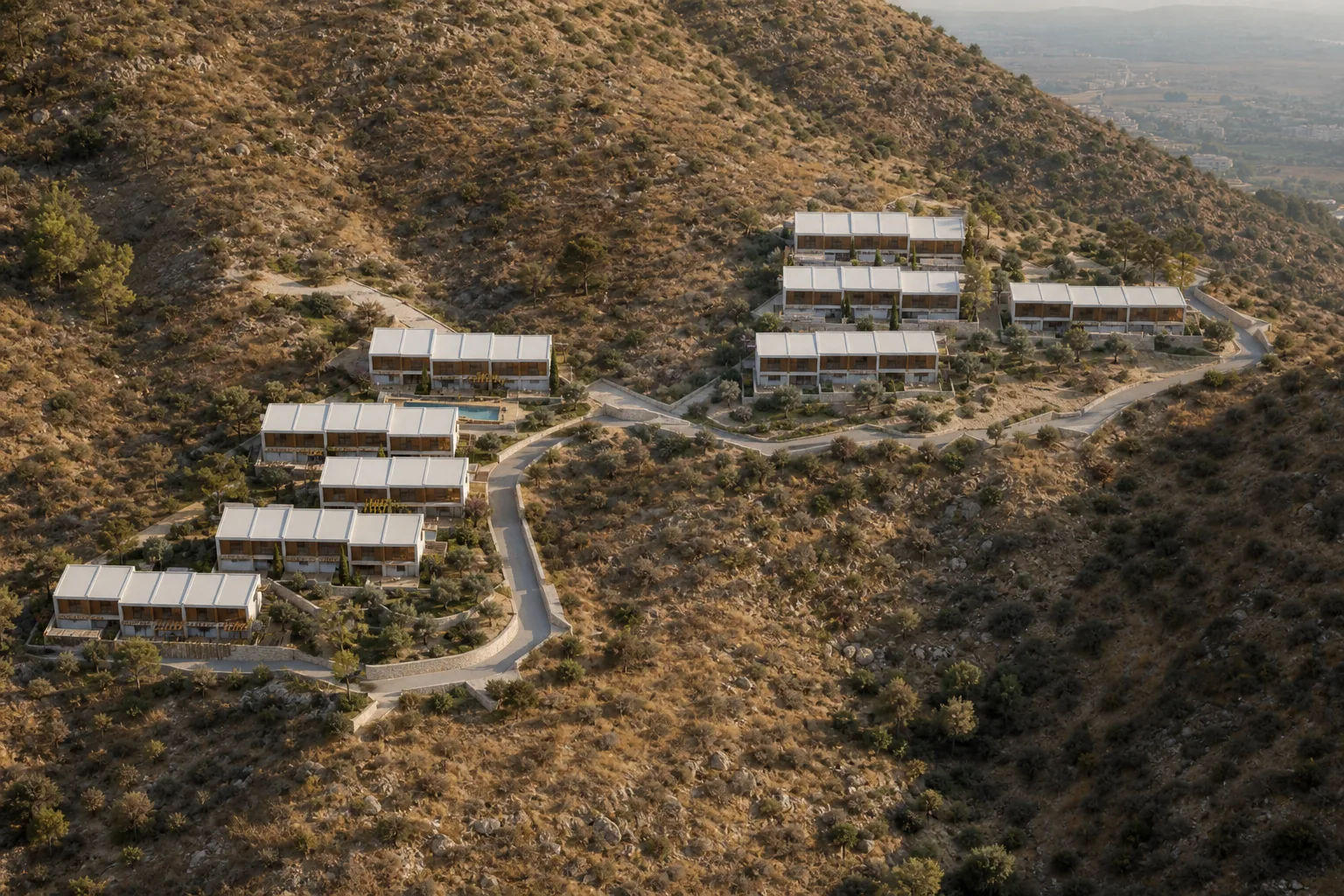 Concept illustration: white two-storey homes in groups along a contour road on a dry Mediterranean hillside above Alicante