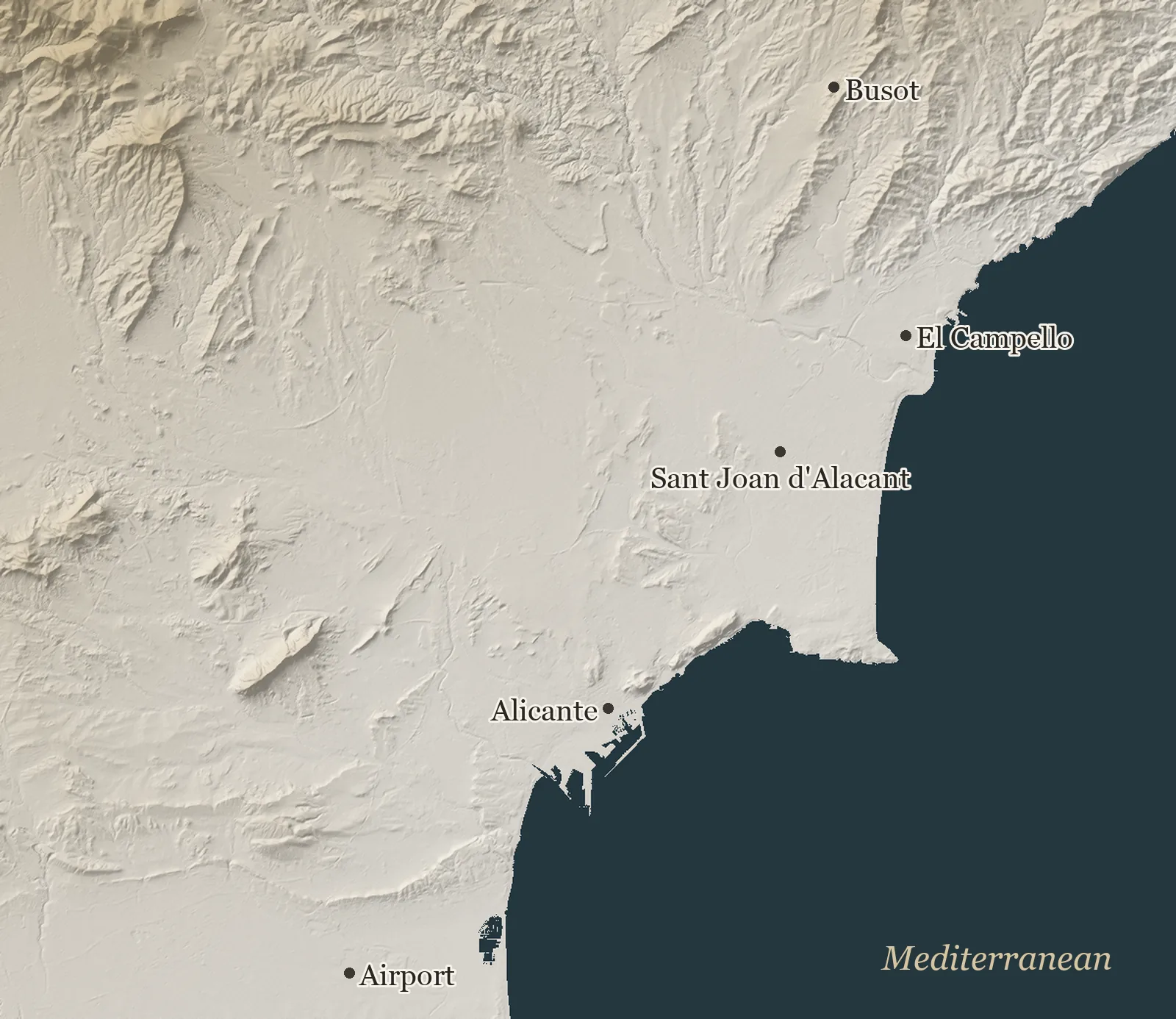 Relief map of the Alicante coast from the airport to El Campello and Busot, with Mutxamel marked