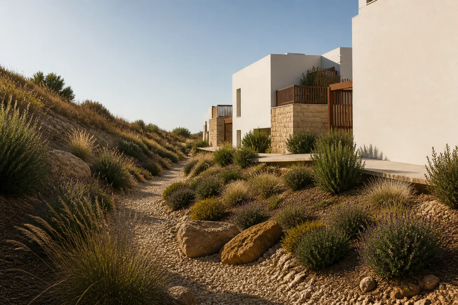Dry gardens between the homes, concept illustration