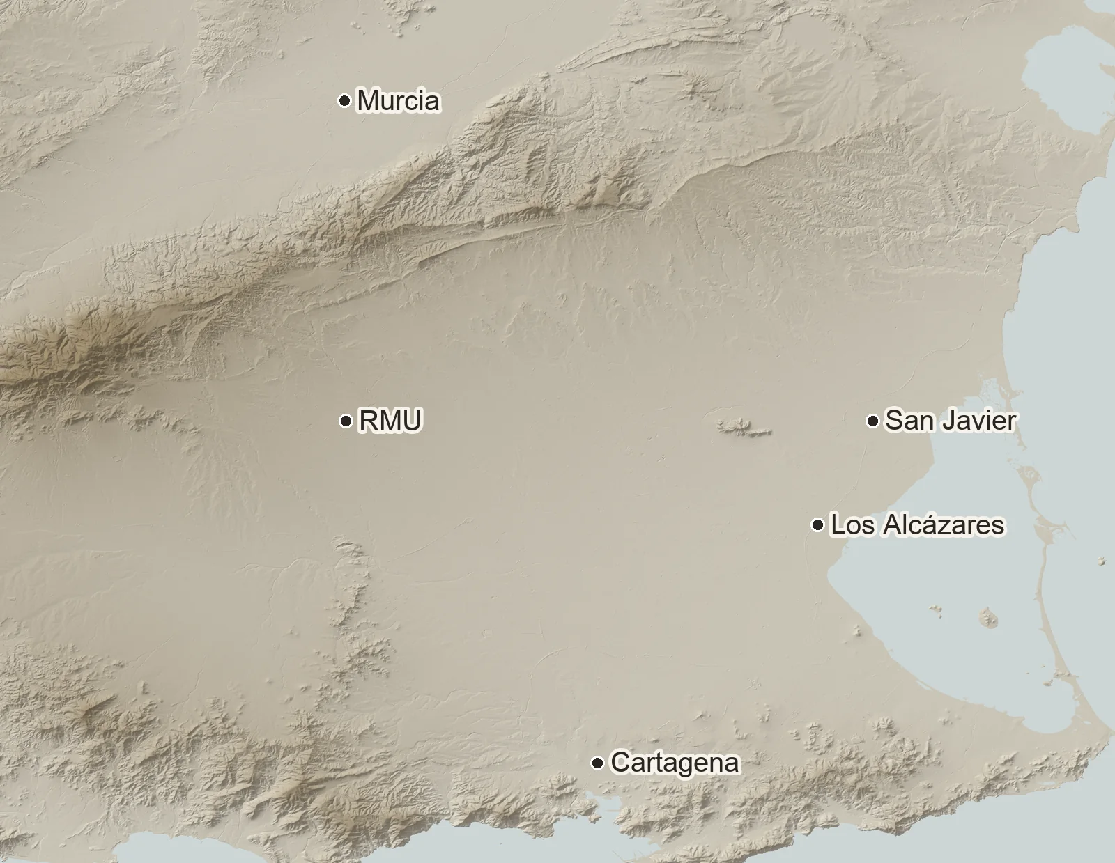 Relief map of the Campo de Murcia between Murcia, Cartagena and the Mar Menor, with the area of the land marked