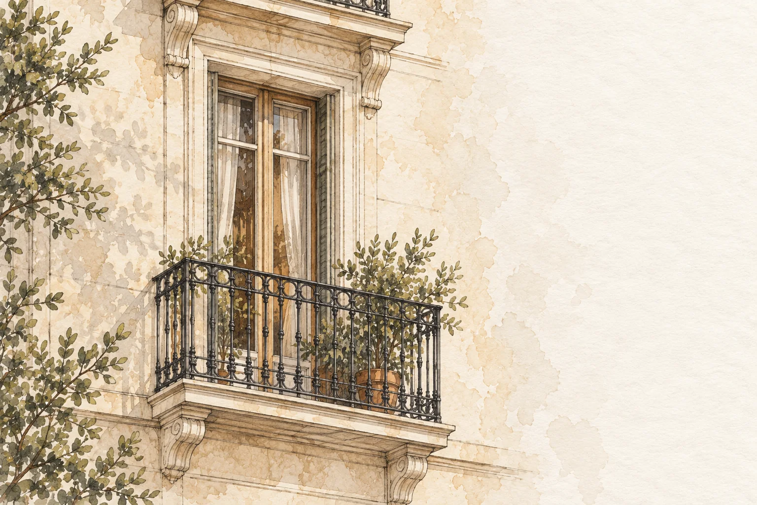 First sketch · a balcony over the street, concept illustration