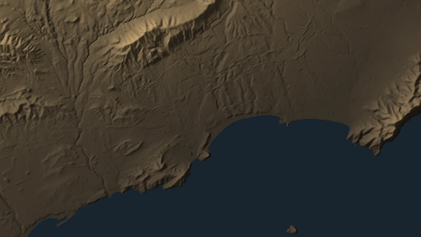 Relief drawing of the Benidorm bay and the hills behind it, from IGN terrain data