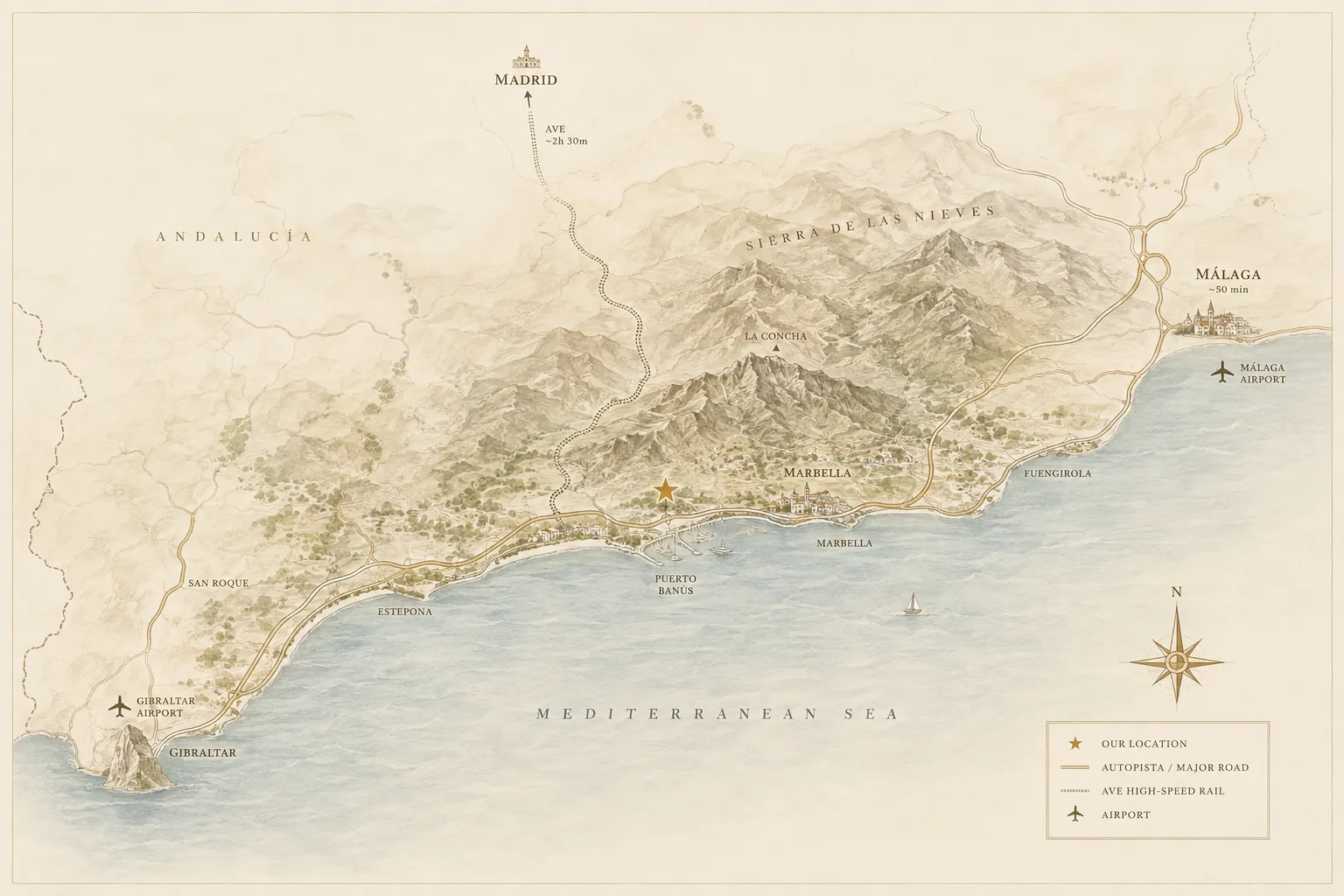 The western Costa del Sol, illustrated map, with the site marked in Nueva Andalucía