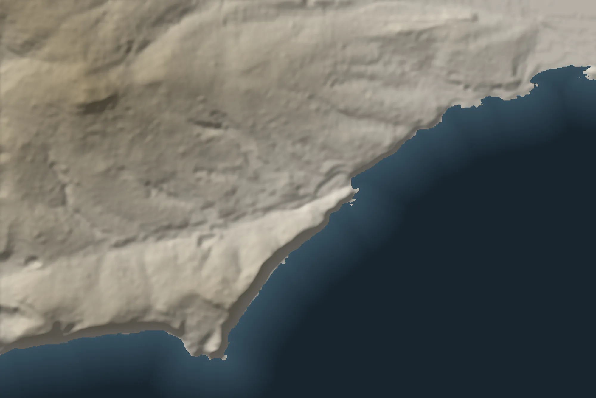 Schattiertes Relief der Küste zwischen Moraira und Calp, das Land fällt zum Mittelmeer ab