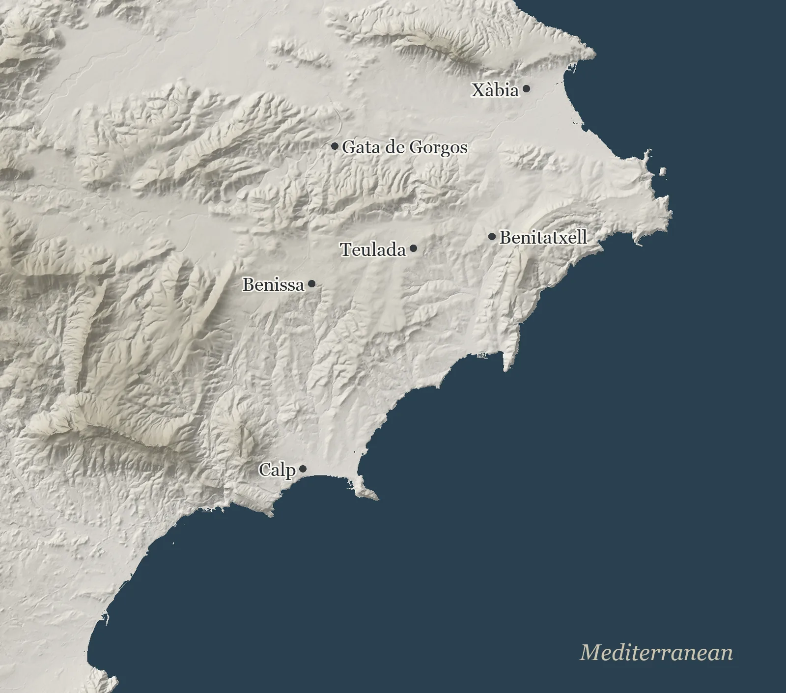 Reliefkarte der nördlichen Costa Blanca von Xàbia bis Calp, mit Moraira markiert