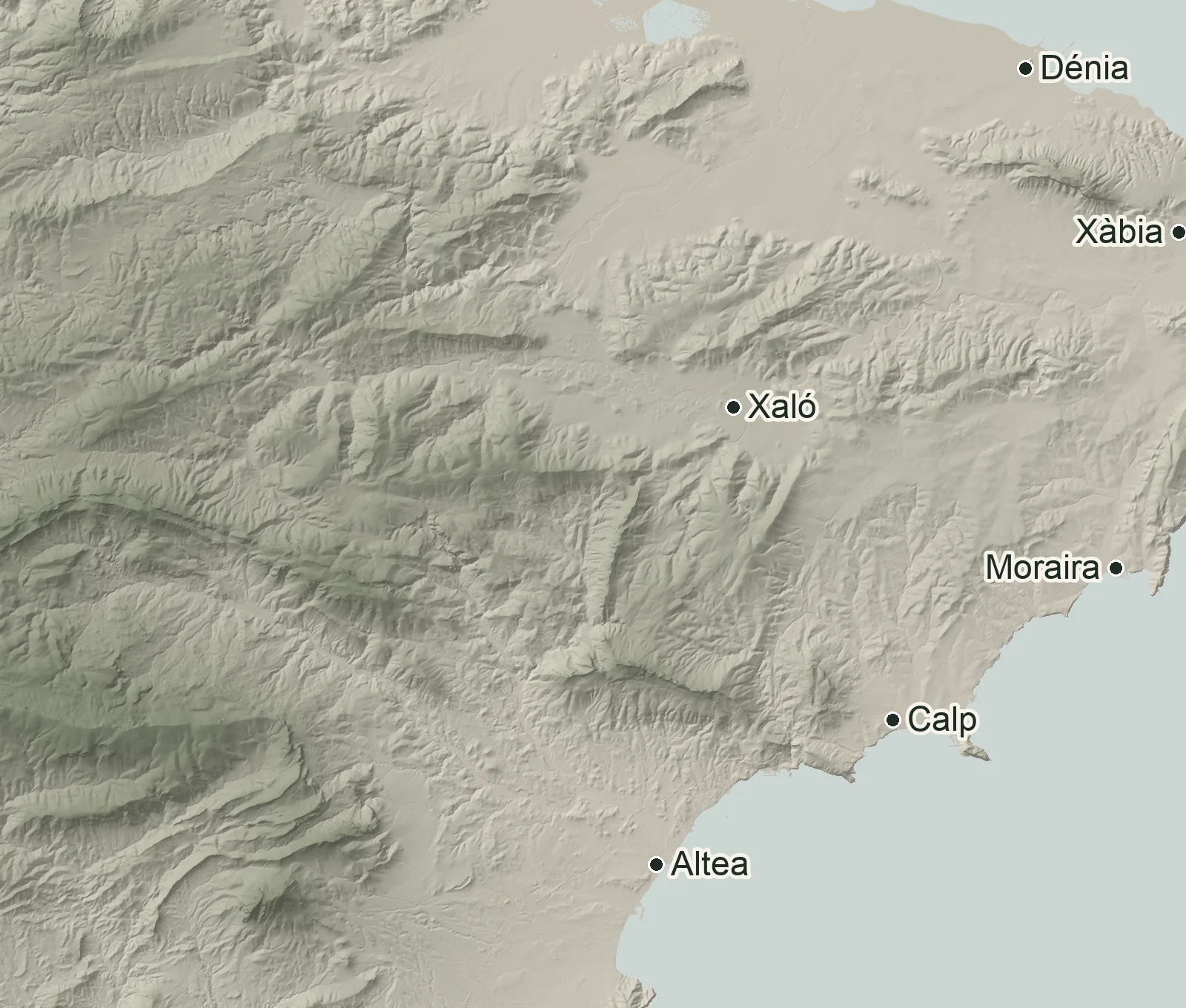 Relief map of the Marina Alta from Altea to Dénia, with Benigembla marked inland