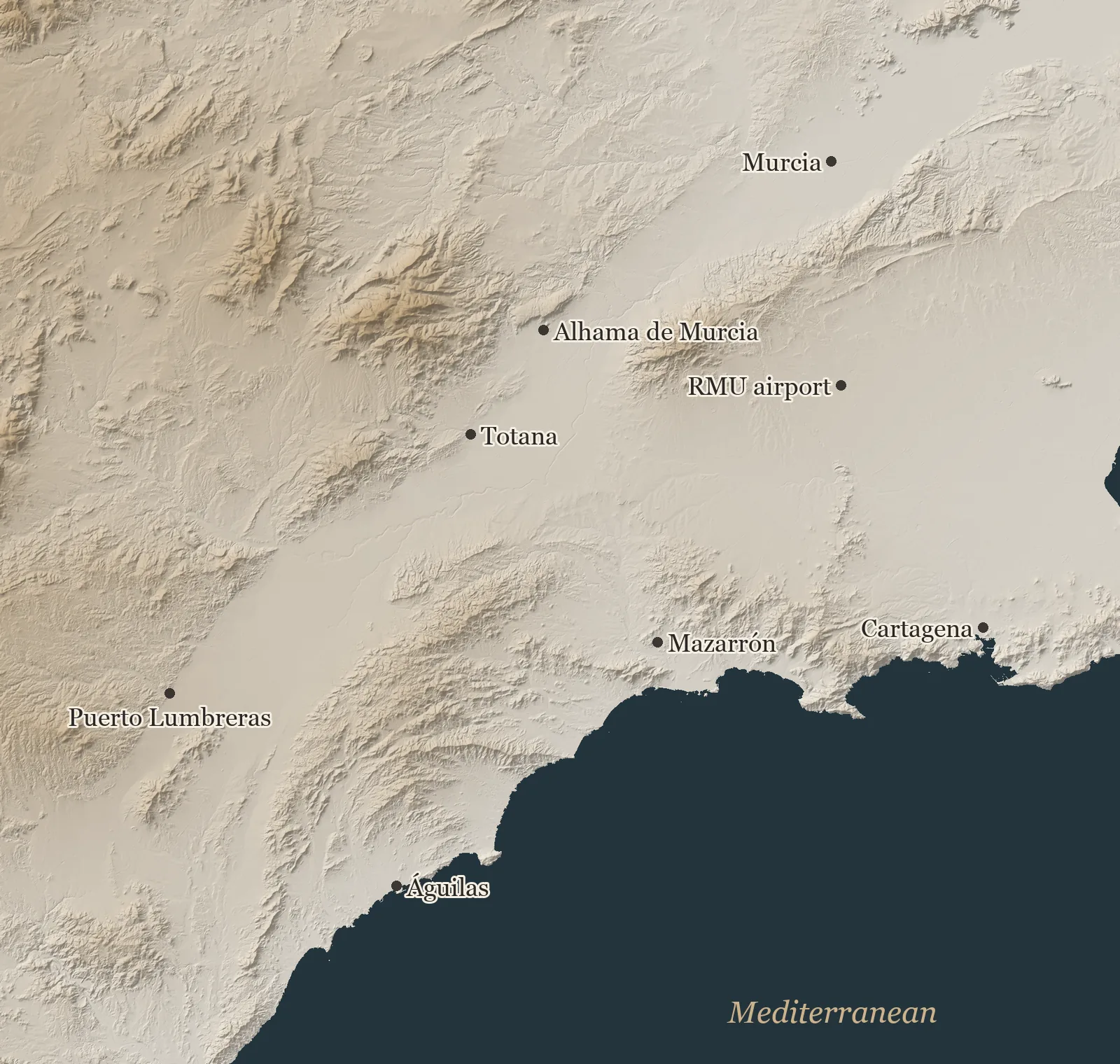 Reliefkarta över sydvästra Murcia från Lorca till Murcia och Costa Cálida, med Lorca markerat