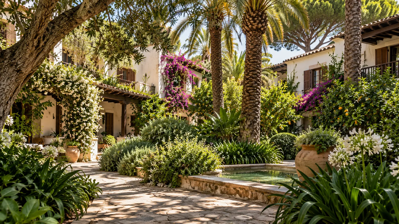 Ilustración conceptual: un patio ajardinado y en sombra entre alas blancas de poca altura de estilo andaluz, palmeras, pinos y un estanque de azulejos