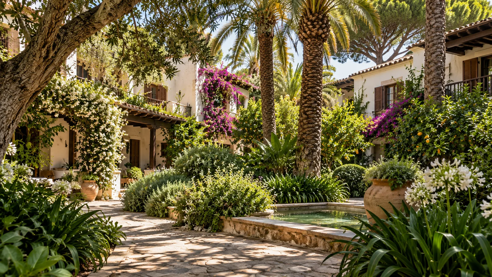 Concept illustration: a shaded garden court between low white Andalusian guest wings, palms, pines and a tiled water basin