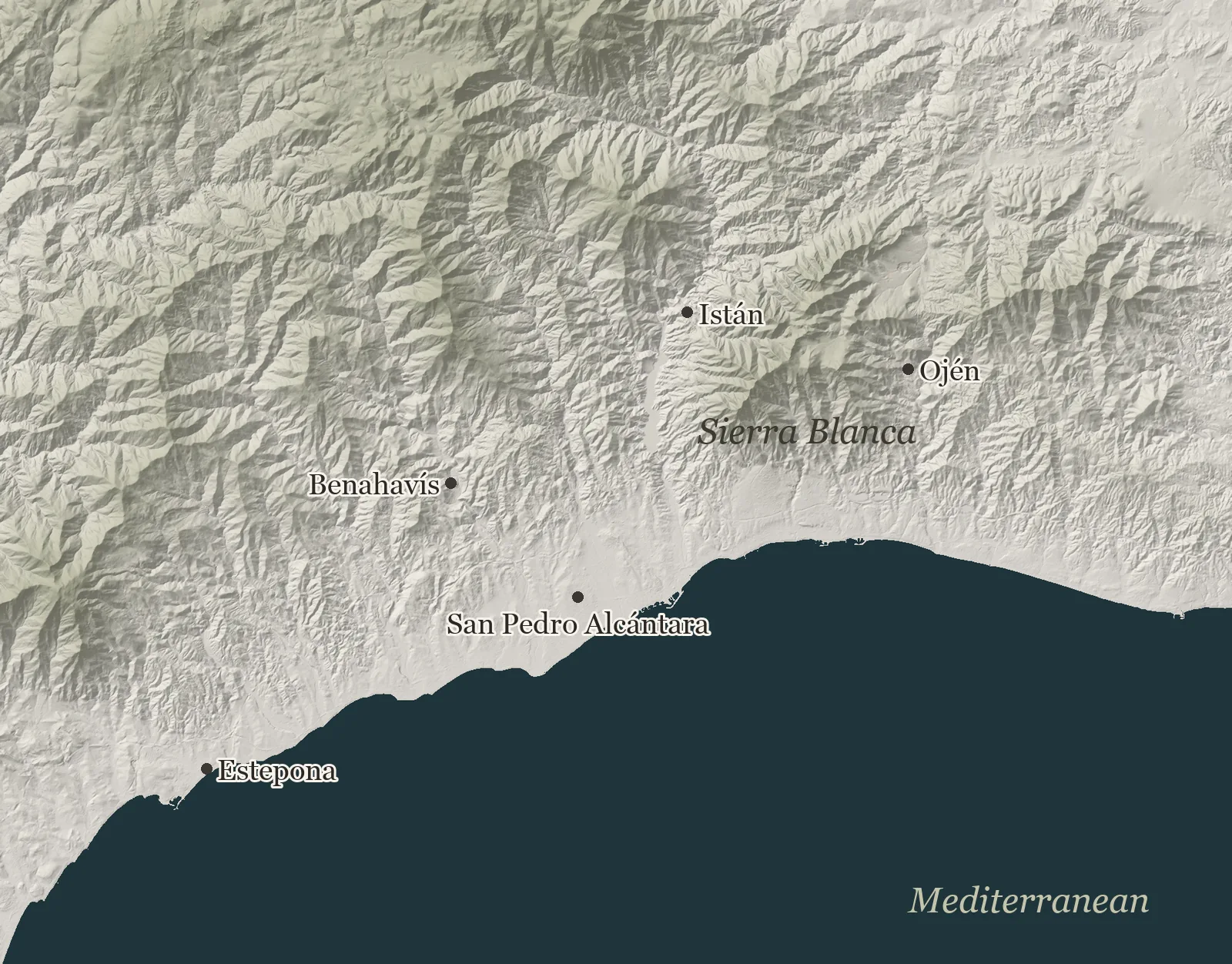 Relief map of the western Costa del Sol from Estepona to Málaga, with Marbella marked