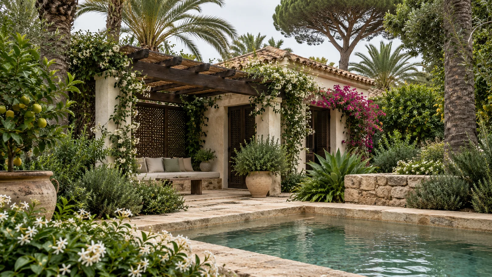 A spa pavilion among the gardens, concept illustration